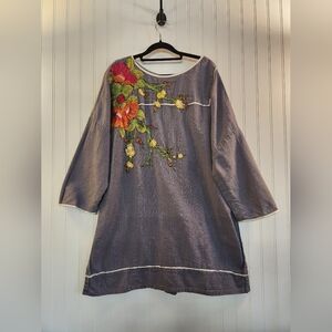 Sana Safinaz Women's Grey Floral Embroidered Tunic Dress Size L 3/4 Sleeve Woven